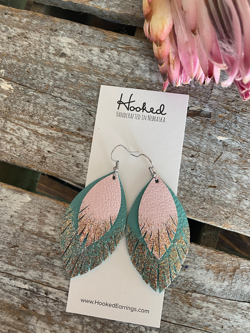 Baby Pink and Aqua Layered, Glittered Fringe Petals - Large