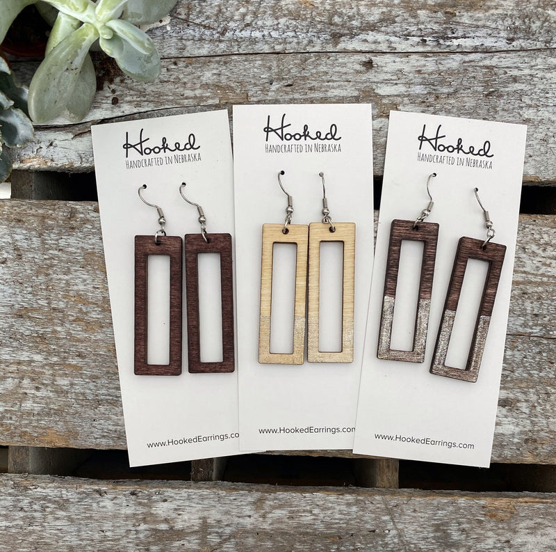 Wooden Rectangle Cutout Earrings - Medium