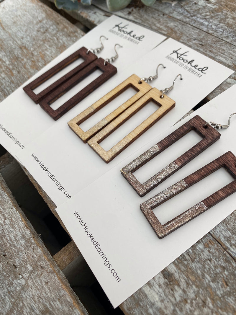 Wooden Rectangle Cutout Earrings - Medium