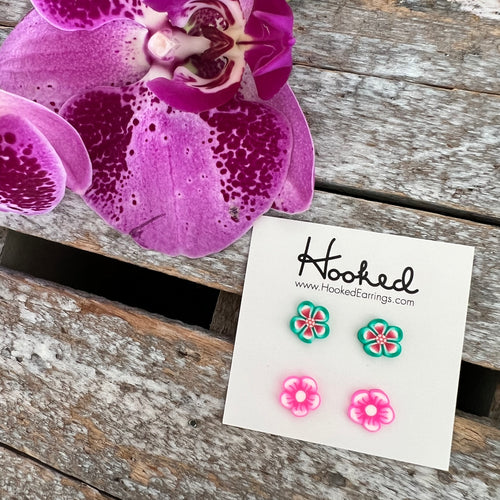 Pink and Green Flower Clay Studs - Two Pack