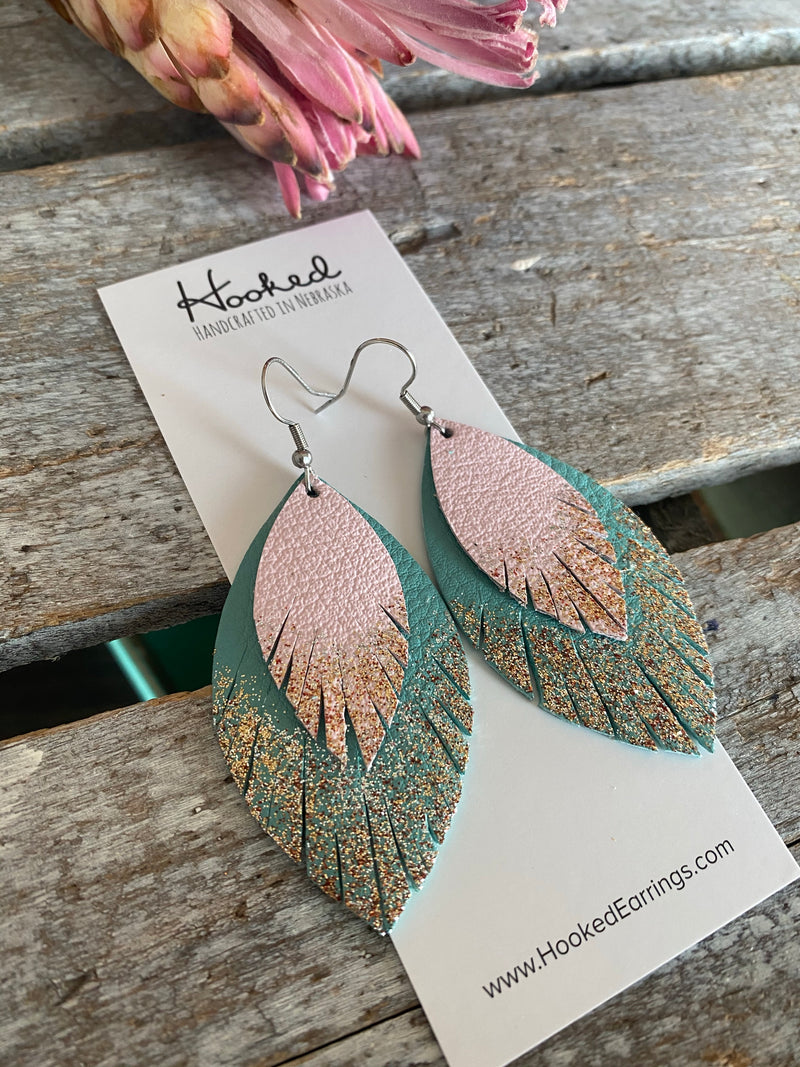 Baby Pink and Aqua Layered, Glittered Fringe Petals - Large