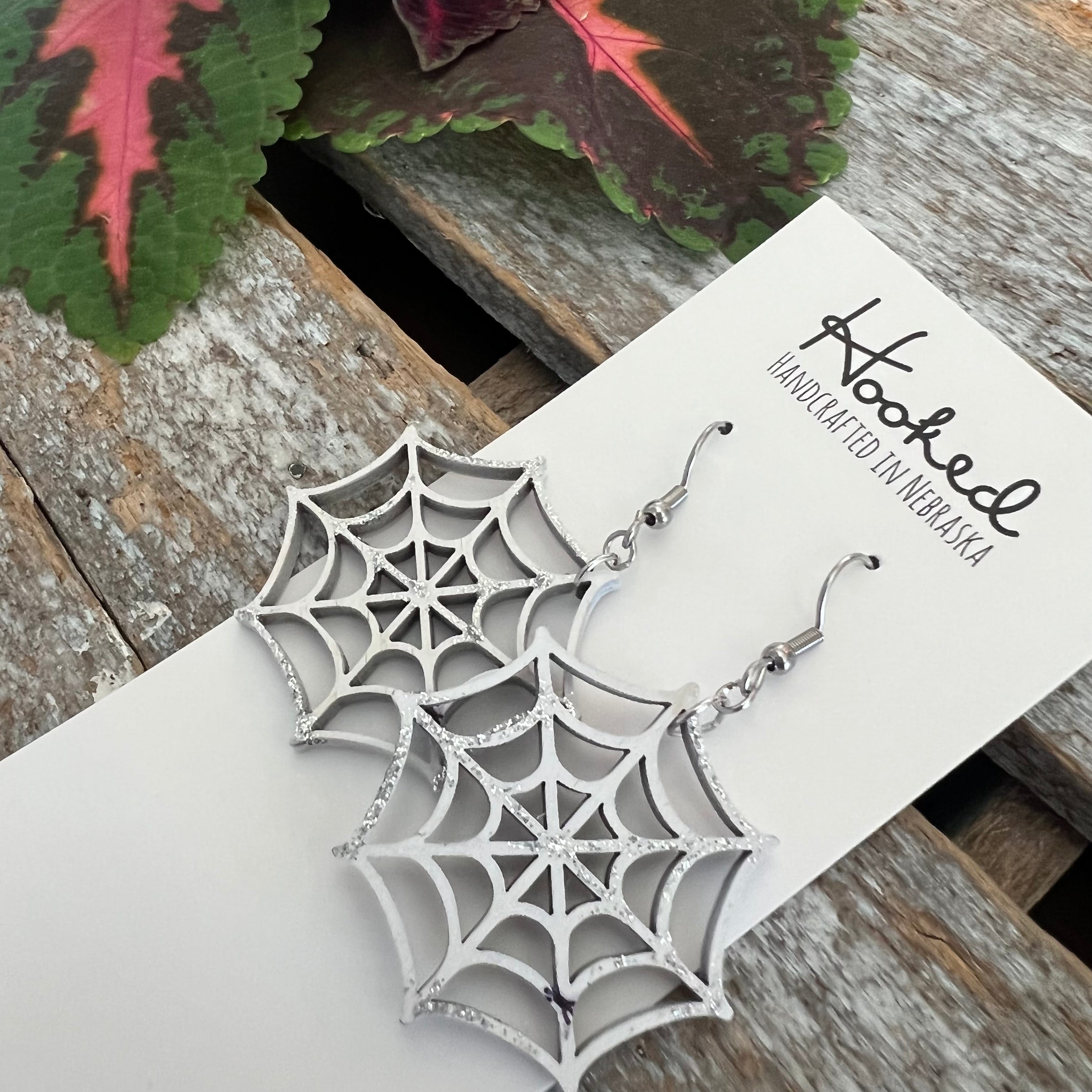 Wooden Cutout Earrings - White Spider Webs