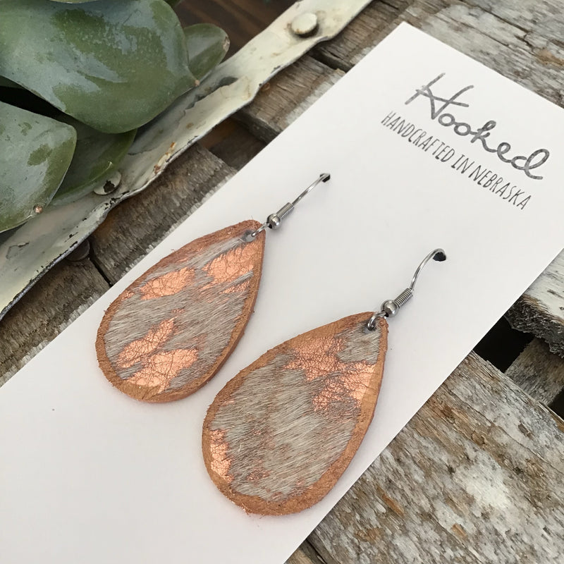 Rose Gold Speckled Cowhide Teardrops// Rose Gold Edged - Small, HAIR ON