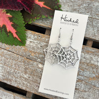 Wooden Cutout Earrings - White Spider Webs
