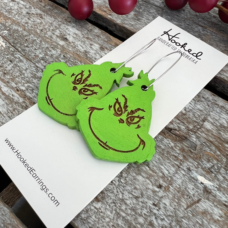 Green Guy Deluxe Wooden Holiday Earrings - Medium