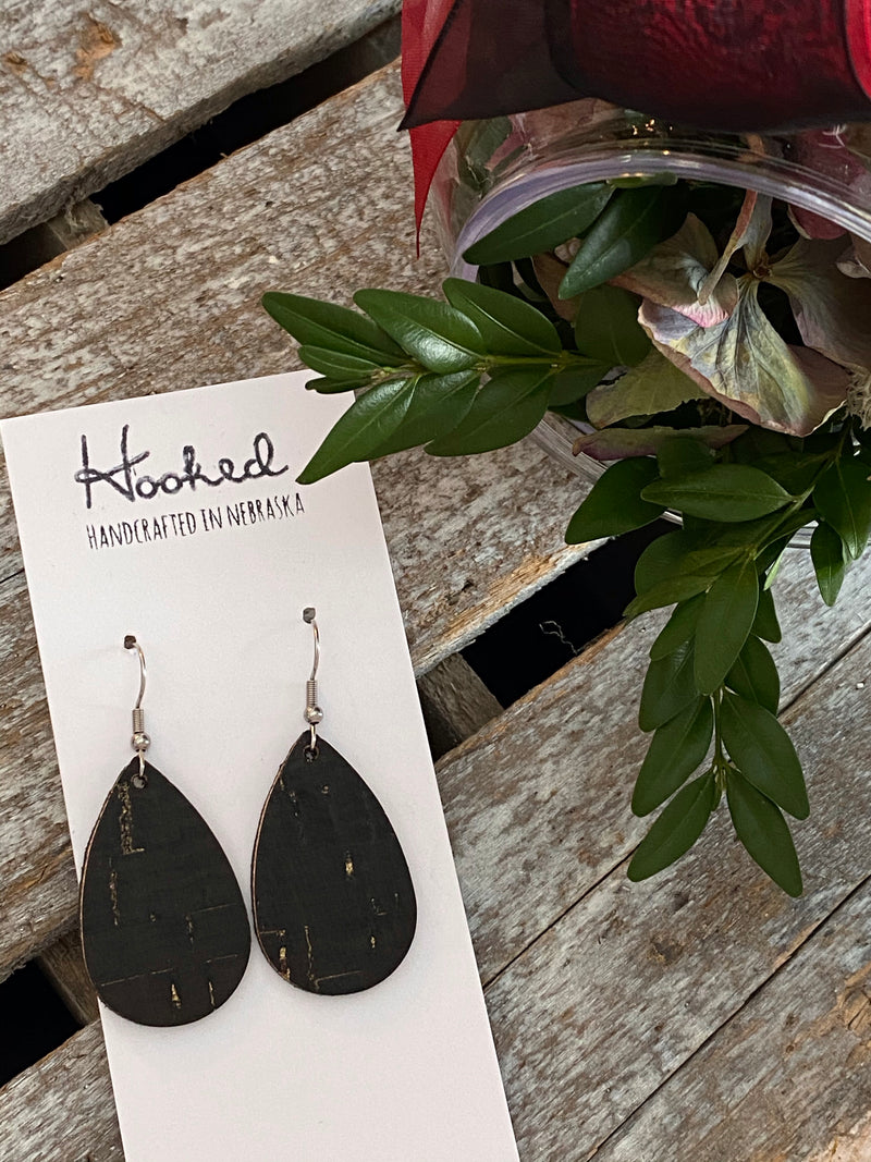 Gold Strand Jet Cork Leather Teardrops - Small