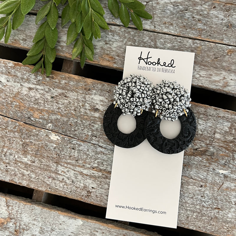 Opulent Beaded Hoops - Silver & Jet Black
