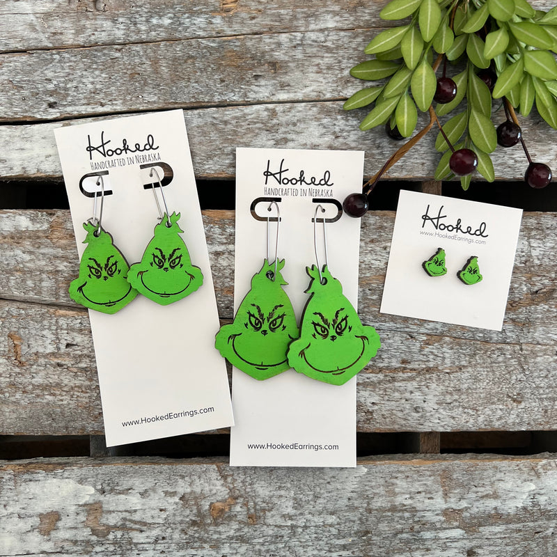 Green Guy Deluxe Wooden Holiday Earrings - Medium