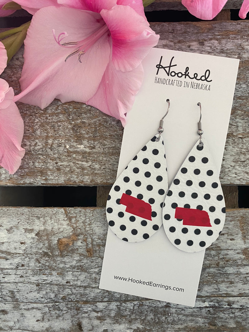 Nebraska State Pride Teardrops in White & Black Dotties w/Red- Medium
