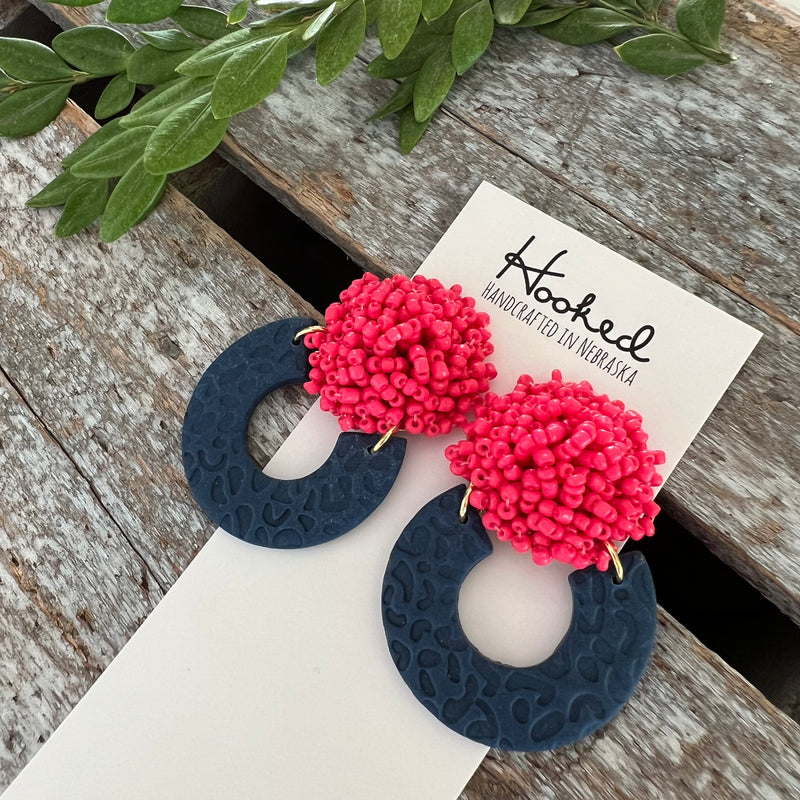 Opulent Beaded Hoops - Punch Pink & Navy Leopard