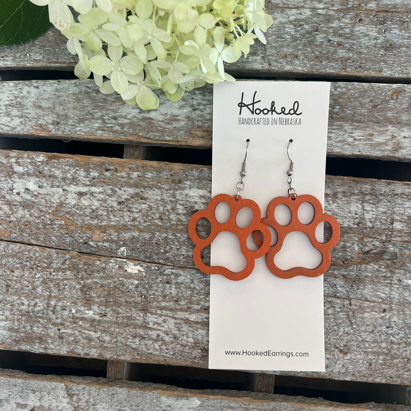 Wooden Cutout Earrings - Paw Print - Custom Colors