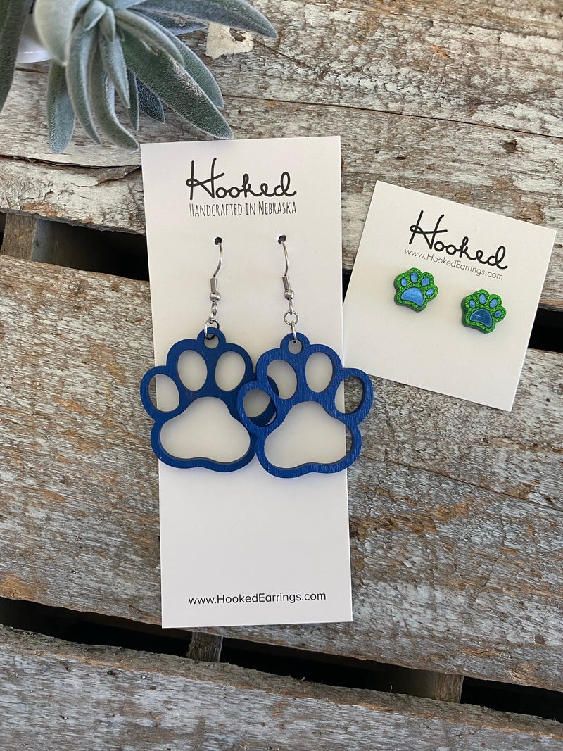 Wooden Cutout Earrings - Paw Print - Custom Colors