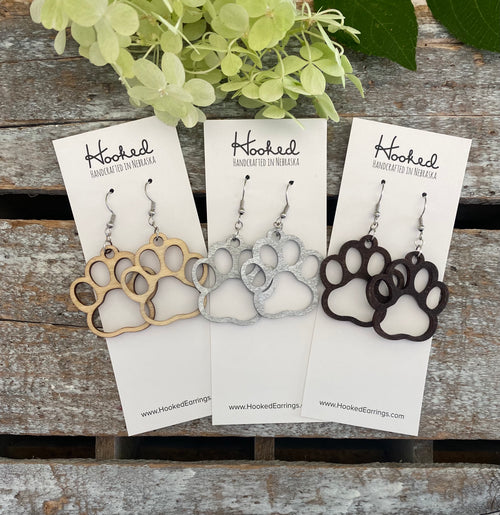 Wooden Cutout Earrings - Paw Print - Custom Colors