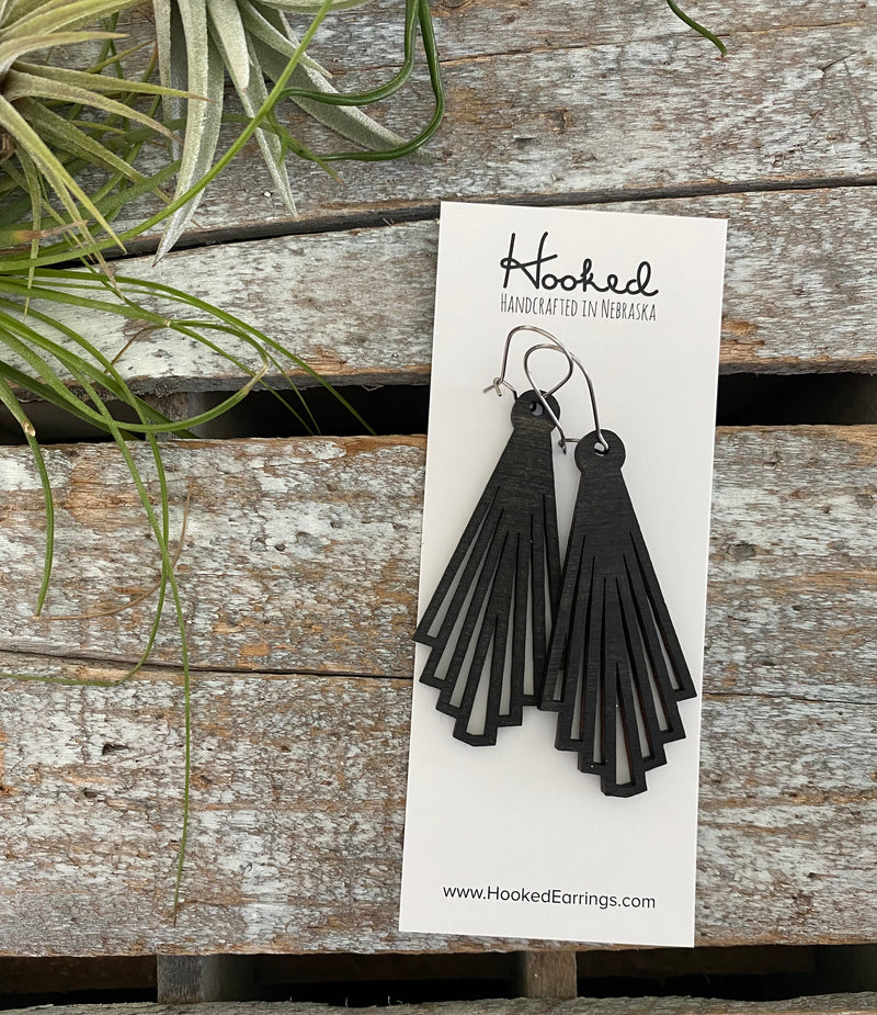 Wooden Deluxe Cutout Earrings - Medium/Large Ash Leaf in Jet Black