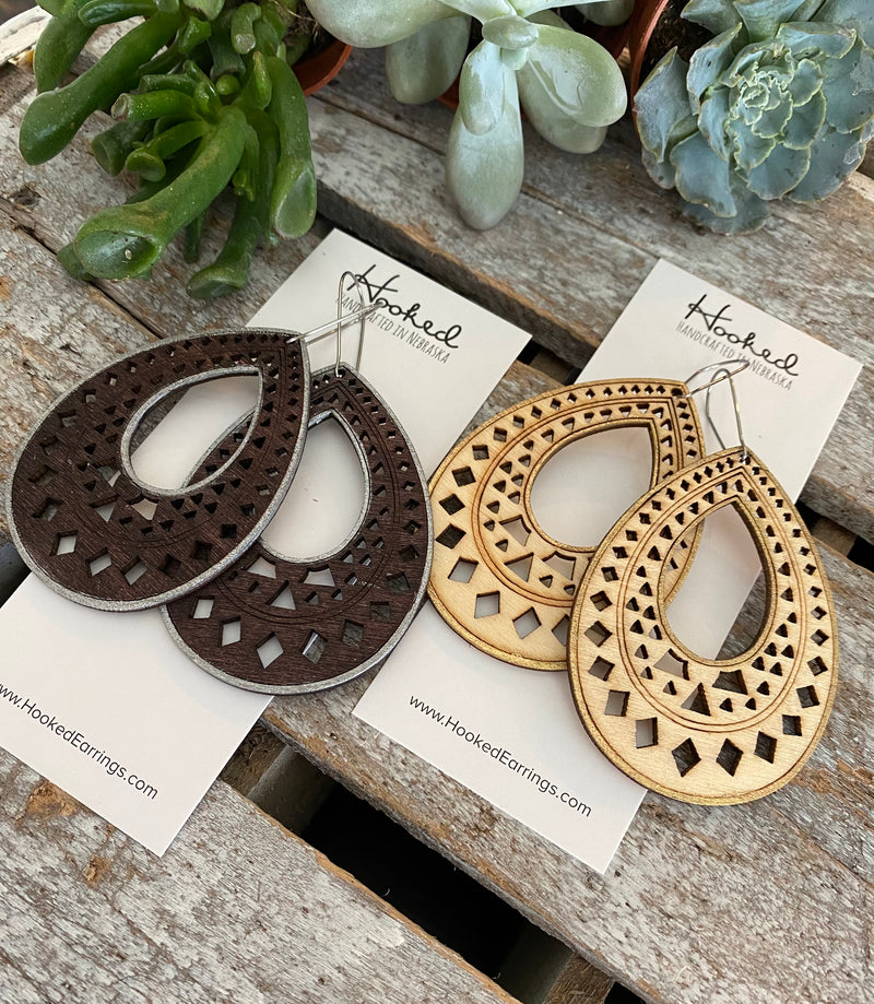 Wooden Deluxe Cutout Earrings - Large Teardrop