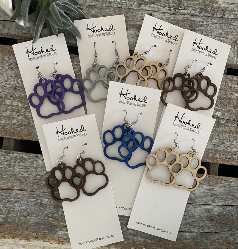 Wooden Cutout Earrings - Paw Print - Custom Colors