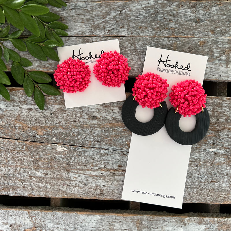 Opulent Beaded Hoops - Punch Pink & Jet Black