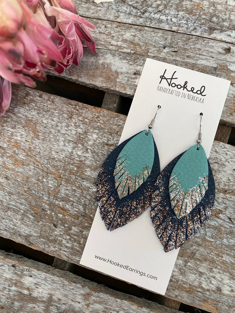 Aqua and Navy Layered, Glittered Fringe Petals - Large