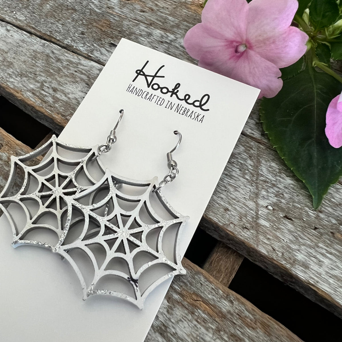 Wooden Cutout Earrings - White Spider Webs