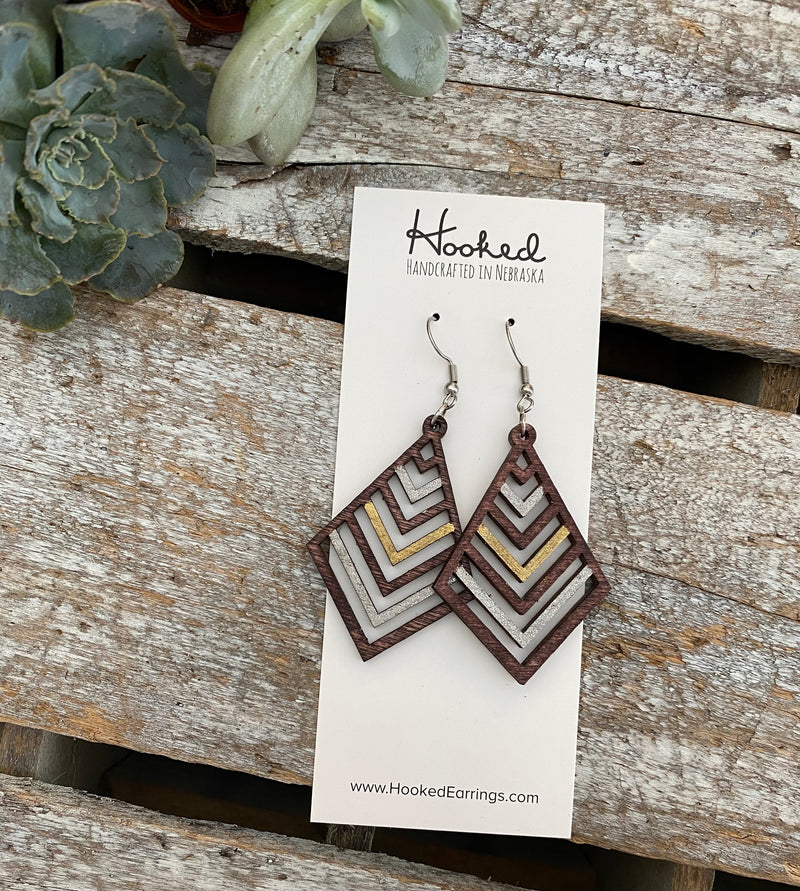 Wooden Deluxe Cutout Earrings - Small/Medium Wide Stacked Chevron