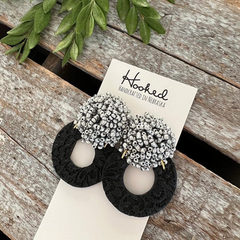 Opulent Beaded Hoops - Silver & Jet Black