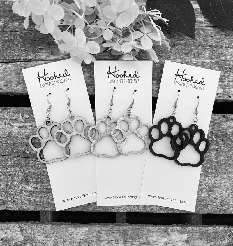 Wooden Cutout Earrings - Paw Print - Custom Colors